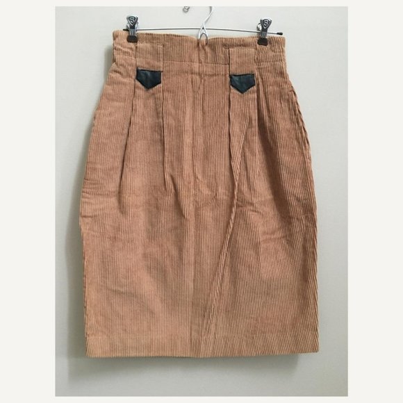 Vintage Dresses & Skirts - Vintage Corduroy Brown Pencil Skirt with Black Features, Belt Loops + Pockets